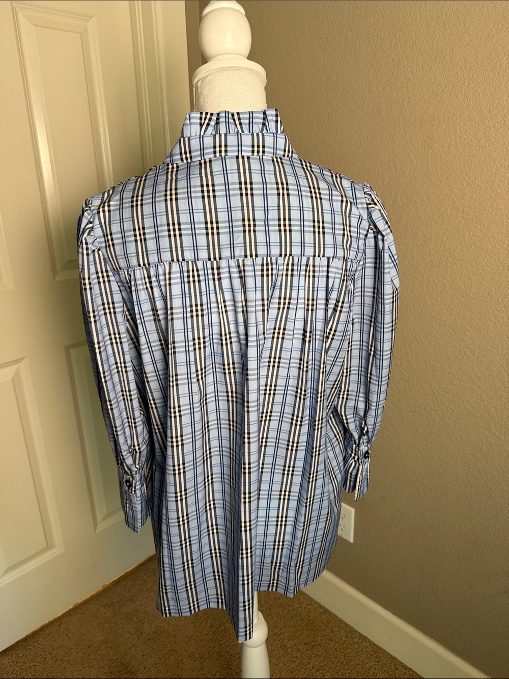 Gretchen Scott Designs Light Blue Plaid Blouse with Lime Trim - Picture 3 of 3
